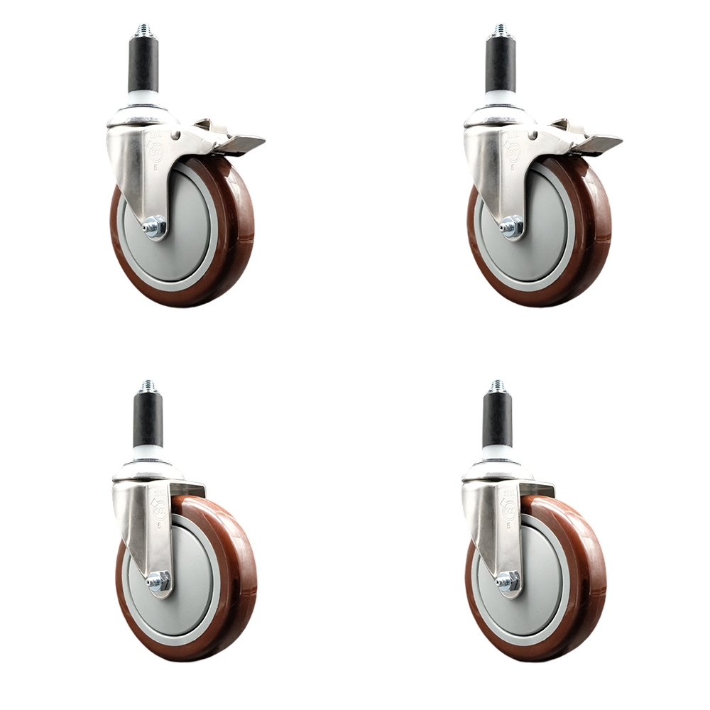 Polyurethane Swivel Stem Caster with 5 in. Maroon Caster Wheels, 1.38 in. Expanding Stem - 316 Stainless Steel Casters - Set of 4
