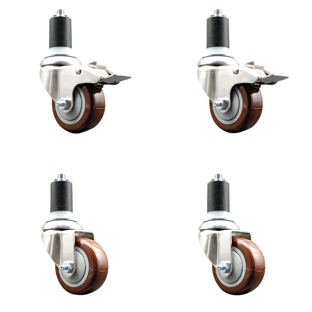 Polyurethane Swivel Stem Caster with 3.5 in. Maroon Caster Wheels, 1.63 in. Expanding Stem - 316 Stainless Steel Casters - Set of 4