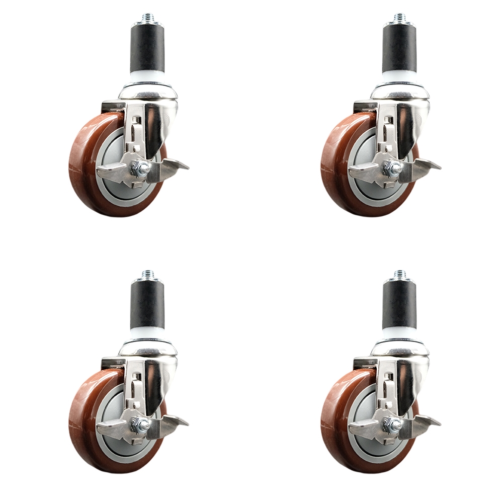 Polyurethane Swivel Stem Caster with 4 in. Maroon Caster Wheels, 1.63 in. Expanding Stems - 316 Stainless Steel Casters - Set of 4