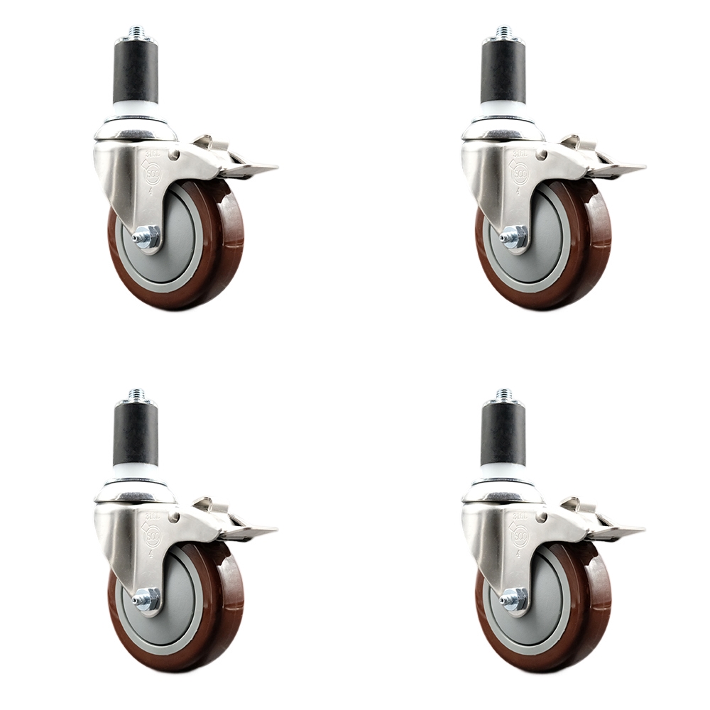 Polyurethane Swivel Stem Caster with 4 in. Maroon Caster Wheels, 1.63 in. Expanding Stems - 316 Stainless Steel Casters - Set of 4