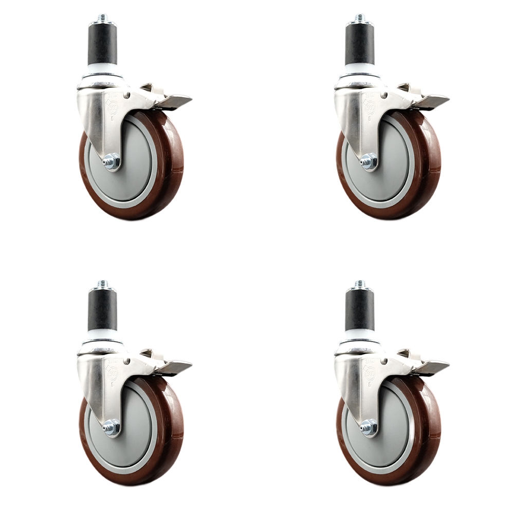 Polyurethane Swivel Stem Caster with 5 in. Maroon Caster Wheels, 1.63 in. Expanding Stems - 316 Stainless Steel Casters - Set of 4
