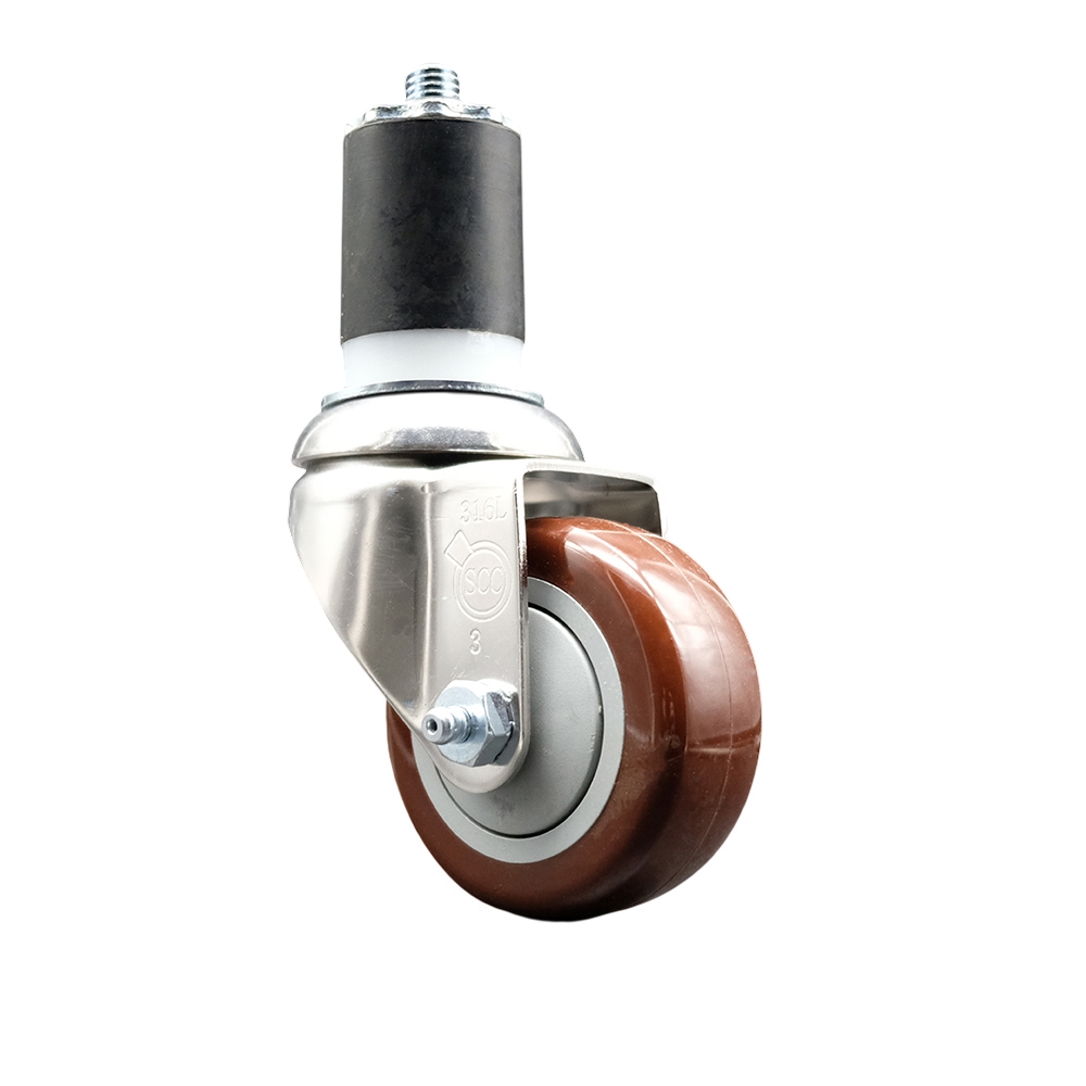 Polyurethane Swivel Stem Caster with 3 in. Maroon Caster Wheels, 1.75 in. Expanding Stem - 316 Stainless Steel Caster