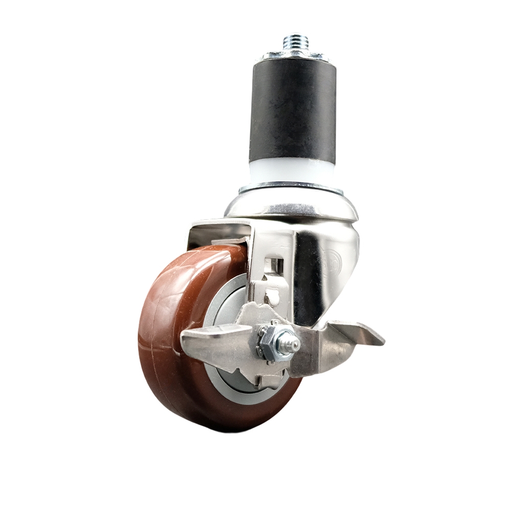 Polyurethane Swivel Stem Caster with 3 in. Maroon Caster Wheels & Top Lock Brake, 1.75 in. Expanding Stem - 316 Stainless Steel Caster
