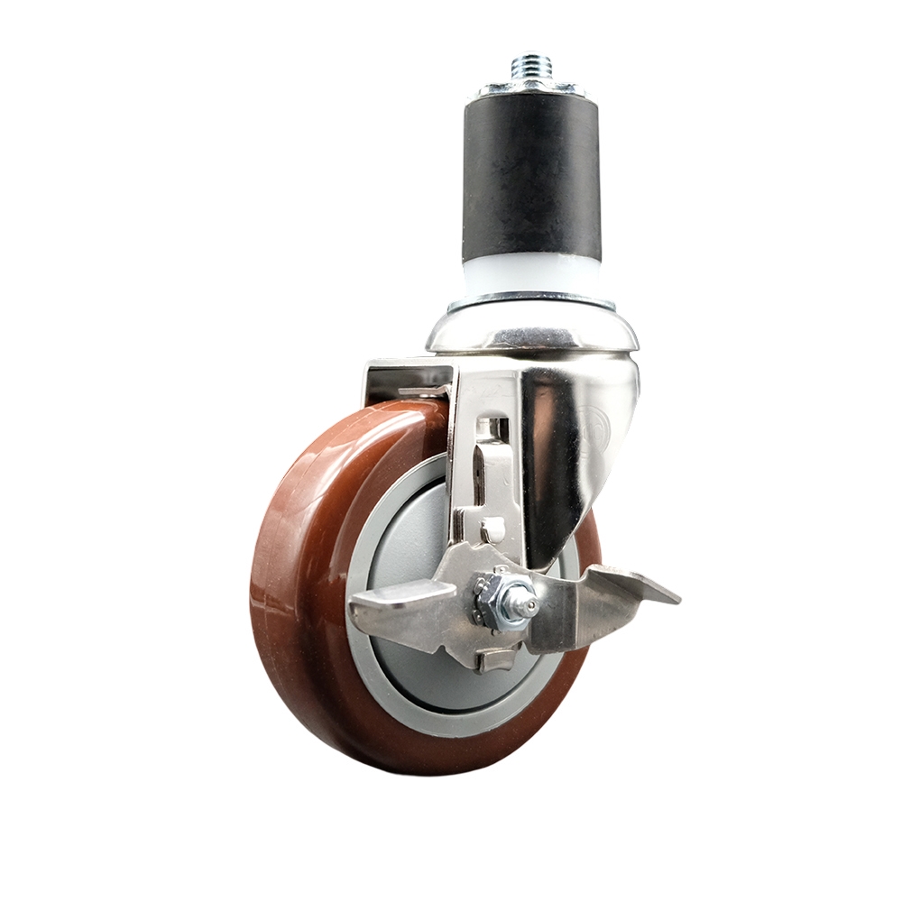 Polyurethane Swivel Stem Caster with 4 in. Maroon Caster Wheels & Top Lock Brake, 1.75 in. Expanding Stem - 316 Stainless Steel Caster