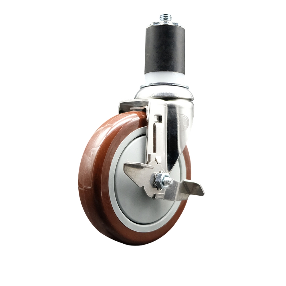 Polyurethane Swivel Stem Caster with 5 in. Maroon Caster Wheels & Top Lock Brake, 1.75 in. Expanding Stem - 316 Stainless Steel Caster