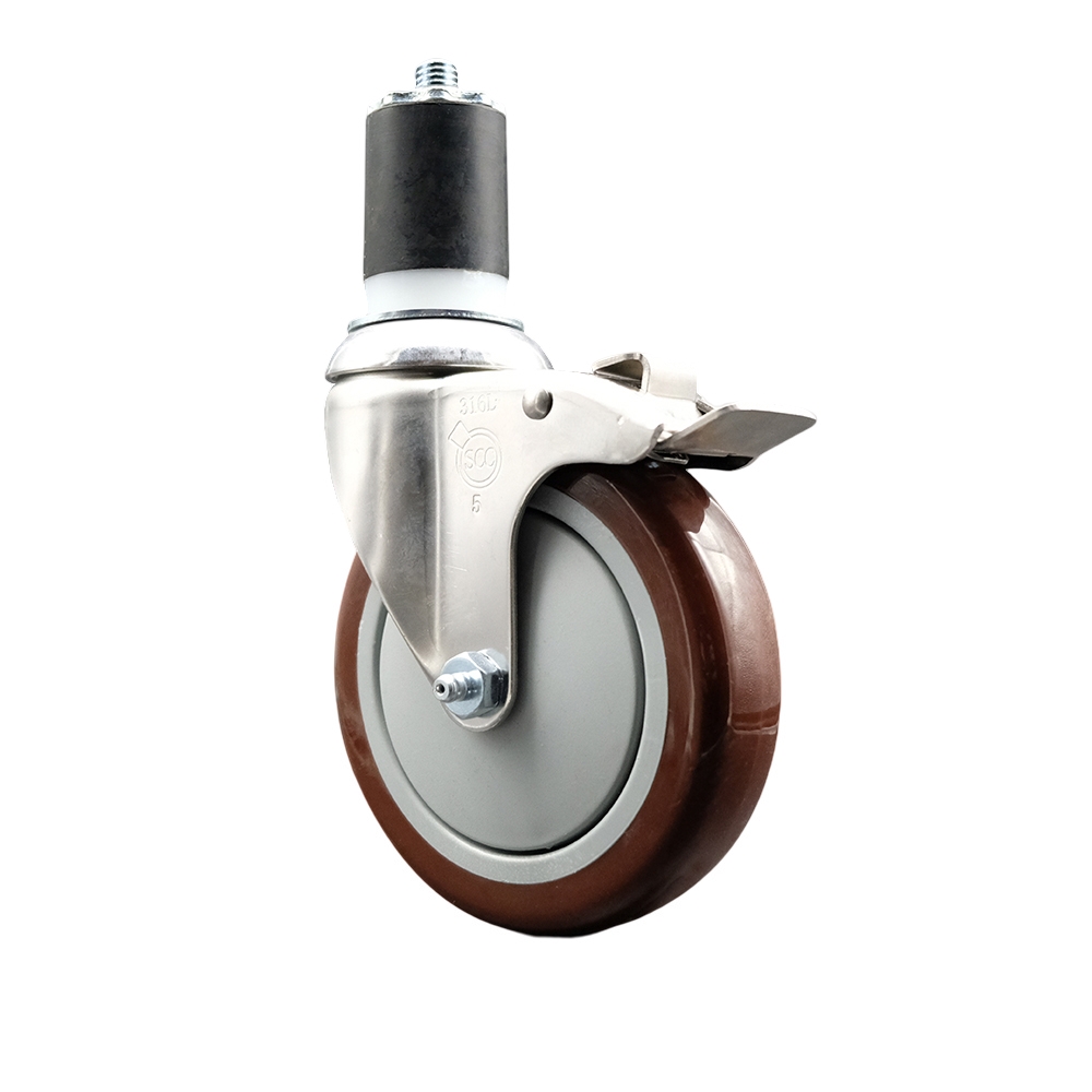 Polyurethane Swivel Stem Caster with 5 in. Maroon Caster Wheels & Total Lock Brake, 1.75 in. Expanding Stem - 316 Stainless Steel Caster