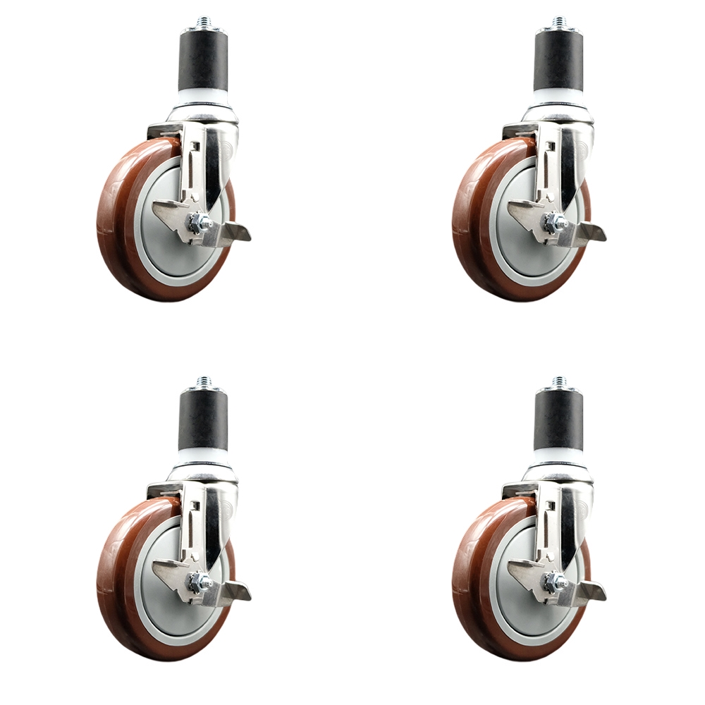 Polyurethane Swivel Stem Caster with 5 in. Maroon Caster Wheels, 1.75 in. Expanding Stems - 316 Stainless Steel Casters - Set of 4