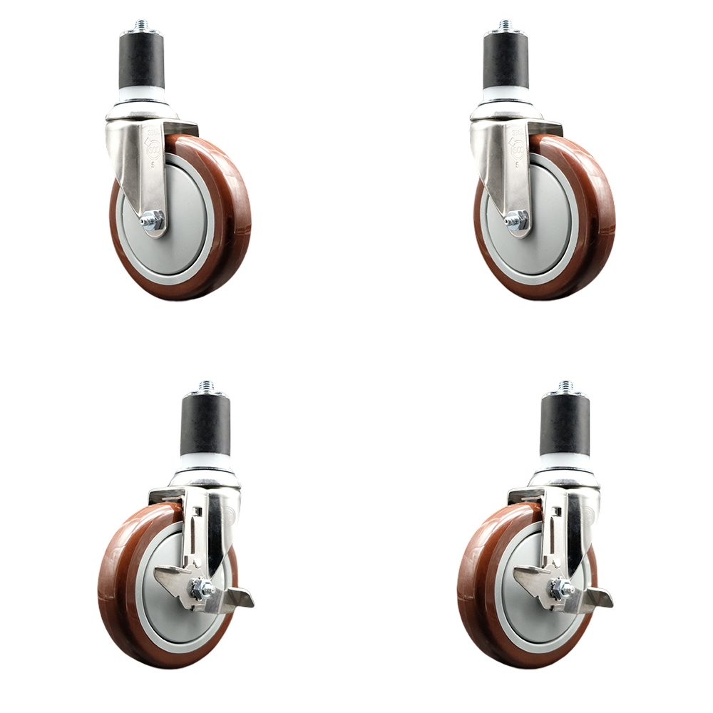 Polyurethane Swivel Stem Caster with 5 in. Maroon Caster Wheels, 1.75 in. Expanding Stems - 316 Stainless Steel Casters - Set of 4