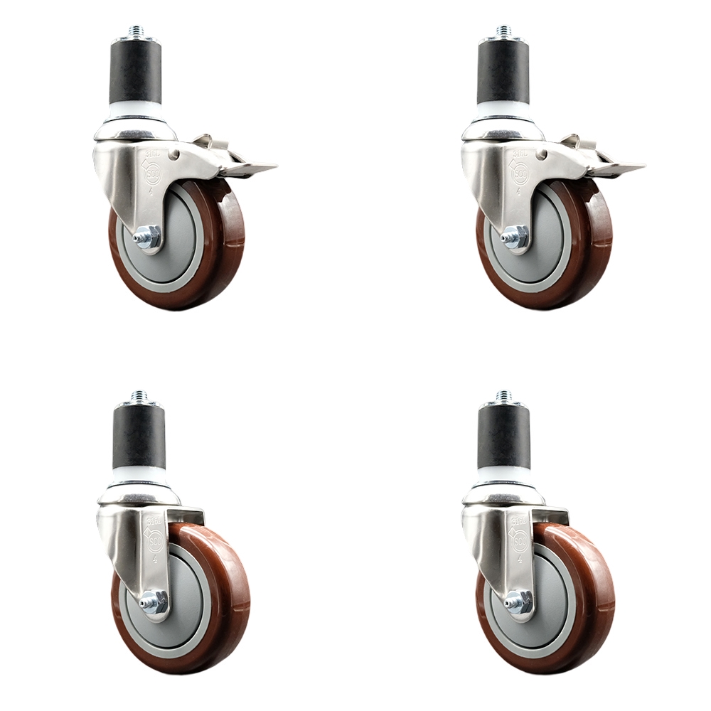 Polyurethane Swivel Stem Caster with 4 in. Maroon Caster Wheels, 1.87 in. Expanding Stem - 316 Stainless Steel Casters - Set of 4