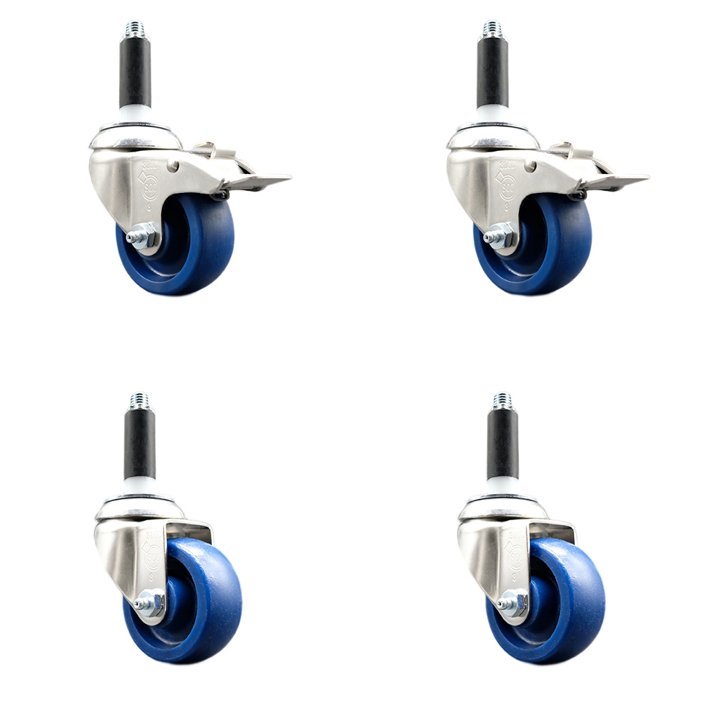 Solid Poly Swivel Stem Caster with 3.5 in. Blue Caster Wheels, 0.75 in. Expanding Stem - 316 Stainless Steel Casters - Set of 4