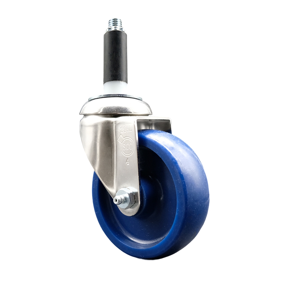Solid Polyurethane Swivel Stem Caster with 4 in. Blue Caster Wheels, 0.87 in. Expanding Stem - 316 Stainless Steel Caster
