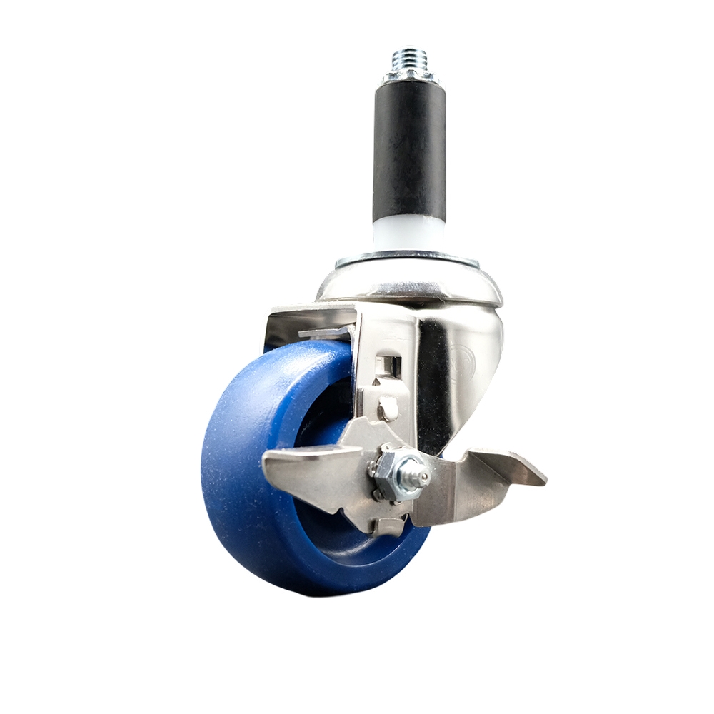 Solid Polyurethane Swivel Stem Caster with 3.5 in. Blue Caster Wheels & Top Lock Brake, 1 in. Expanding Stem - 316 Stainless Steel Caster