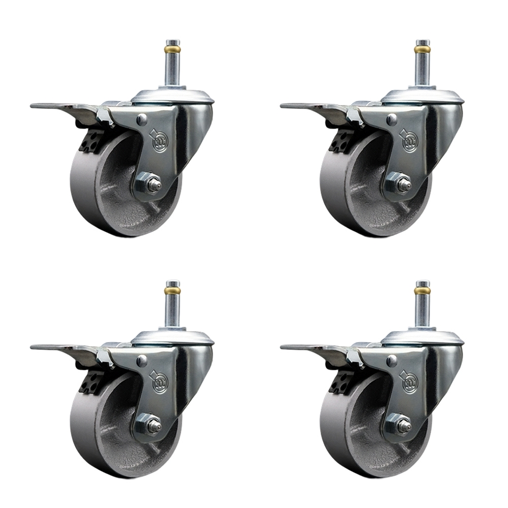 Semi Steel Cast Iron Swivel Grip Ring Stem Caster with Roller Bearings, with 4 x 1.5 in. Silver Wheels & 0.43 in. Stems - Set of 4