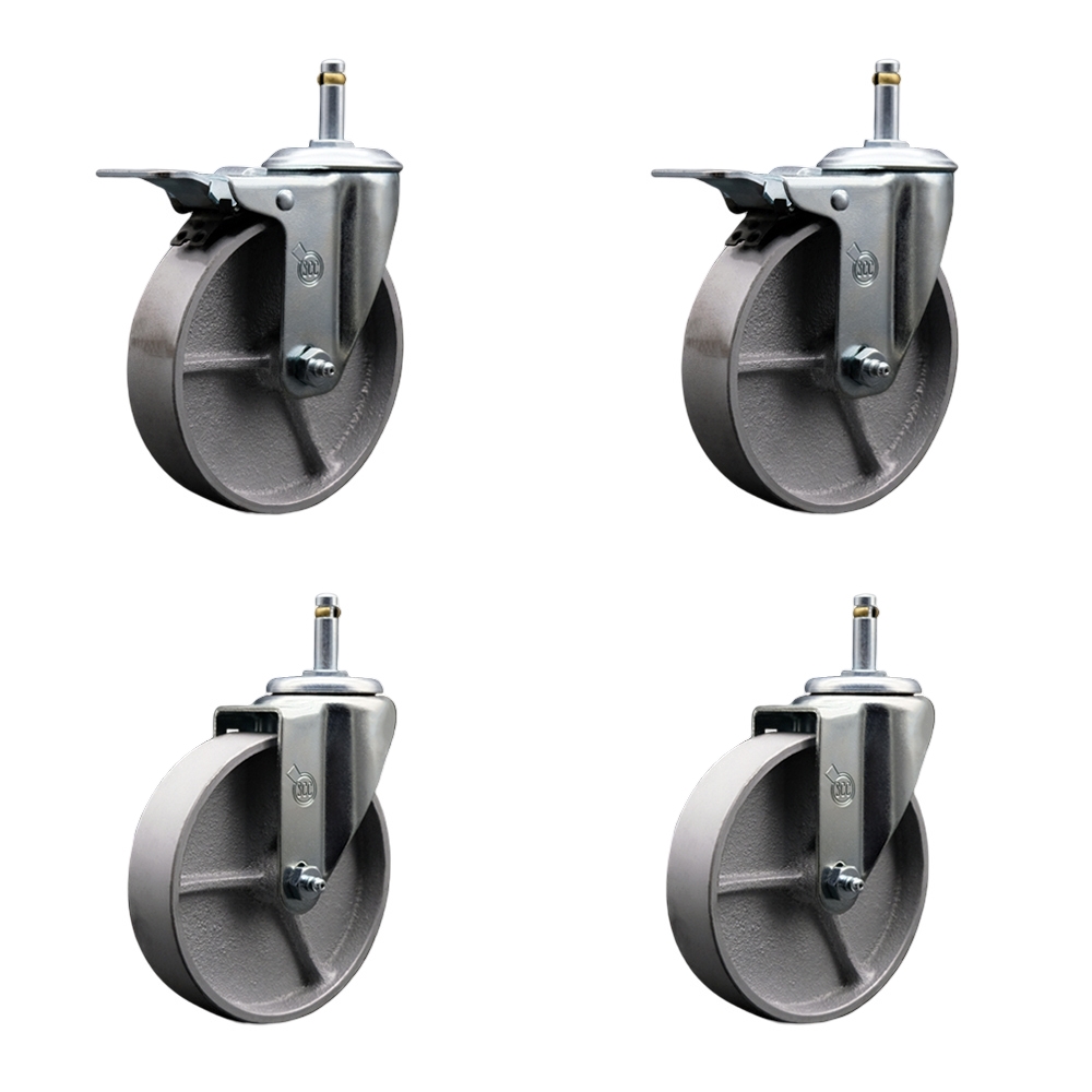Semi Steel Cast Iron Swivel Grip Ring Stem Caster with Roller Bearings, 5 x 1.5 in. Silver Wheels & 0.43 in. Stems - Set of 4
