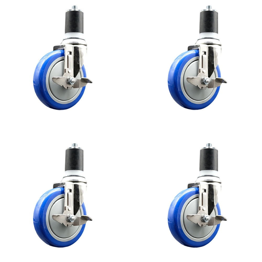 Polyurethane Swivel Stem Caster with 5 in. Blue Caster Wheels, 1.87 in. Expanding Stems - 316 Stainless Steel Casters - Set of 4