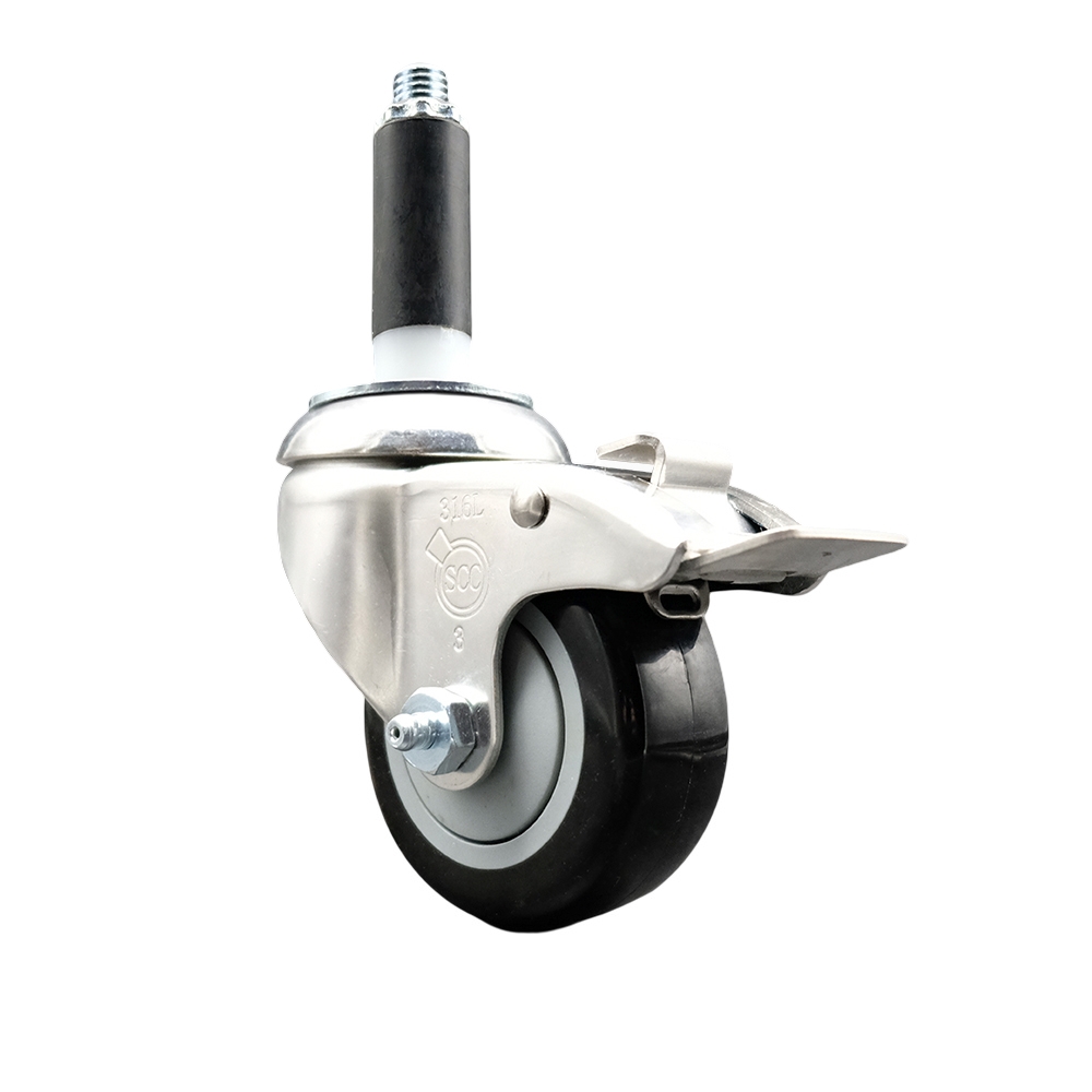 Polyurethane Swivel Stem Caster with 3 in. Black Caster Wheels & Total Lock Brake, 0.75 in. Expanding Stem - 316 Stainless Steel Caster