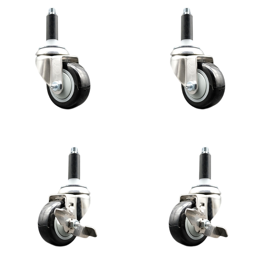 Polyurethane Swivel Stem Caster with 3.5 in. Black Caster Wheels, 0.75 in. Expanding Stems - 316 Stainless Steel Casters - Set of 4
