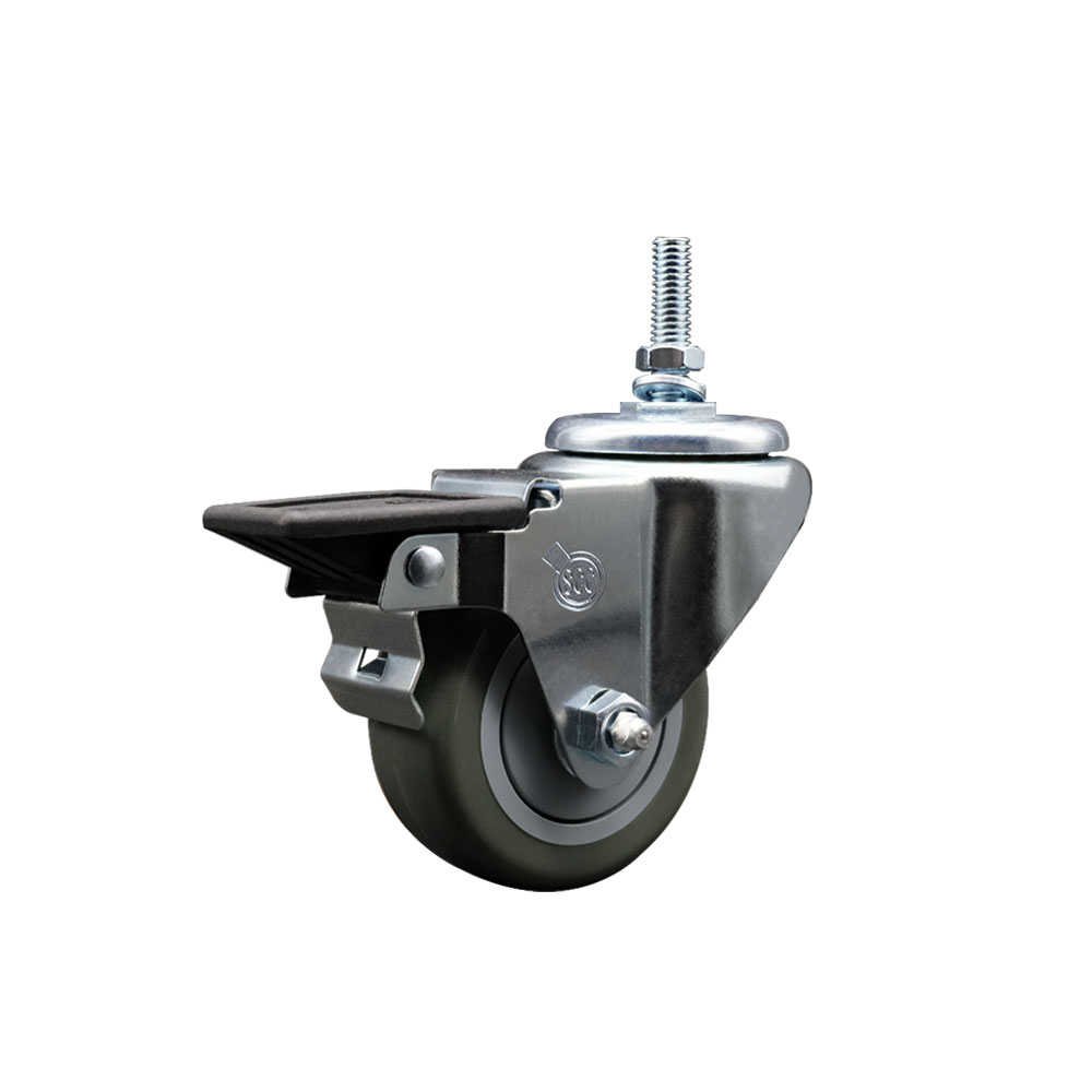 SCC-TS20S314-PPUB-PLB-M1215 Polyurethane Swivel Threaded Stem Caster with 3 x 1.25 in. gray Wheel & 12 mm Stem & Posi Locking Brake