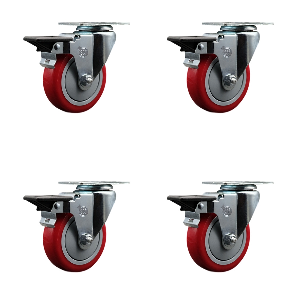 SCC-20S414-PPUB-RED-PLB-4 Polyurethane Swivel Top Plate Caster with 4 in. Red Wheels - Set of 4