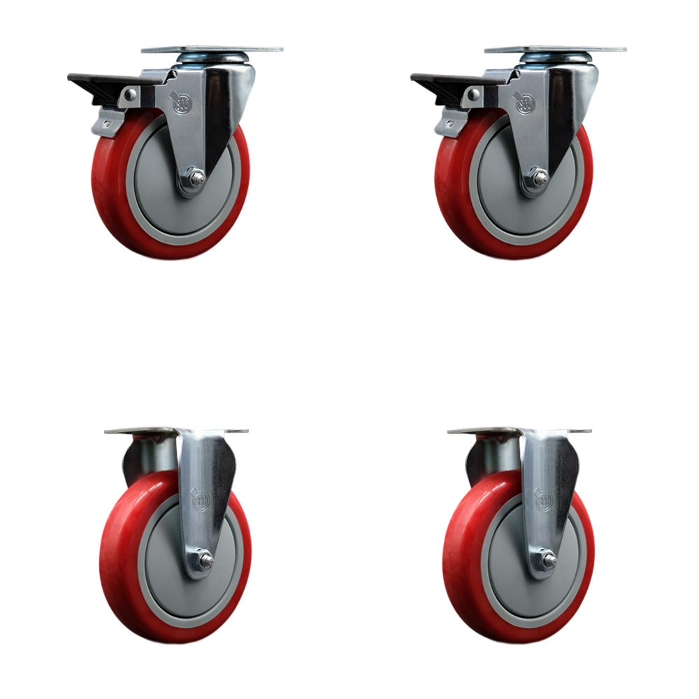 SCC-20S514-PPUB-RED-PLB-2-R-2 Polyurethane Swivel Top Plate Caster with 5 in. Red Wheels - Set of 4