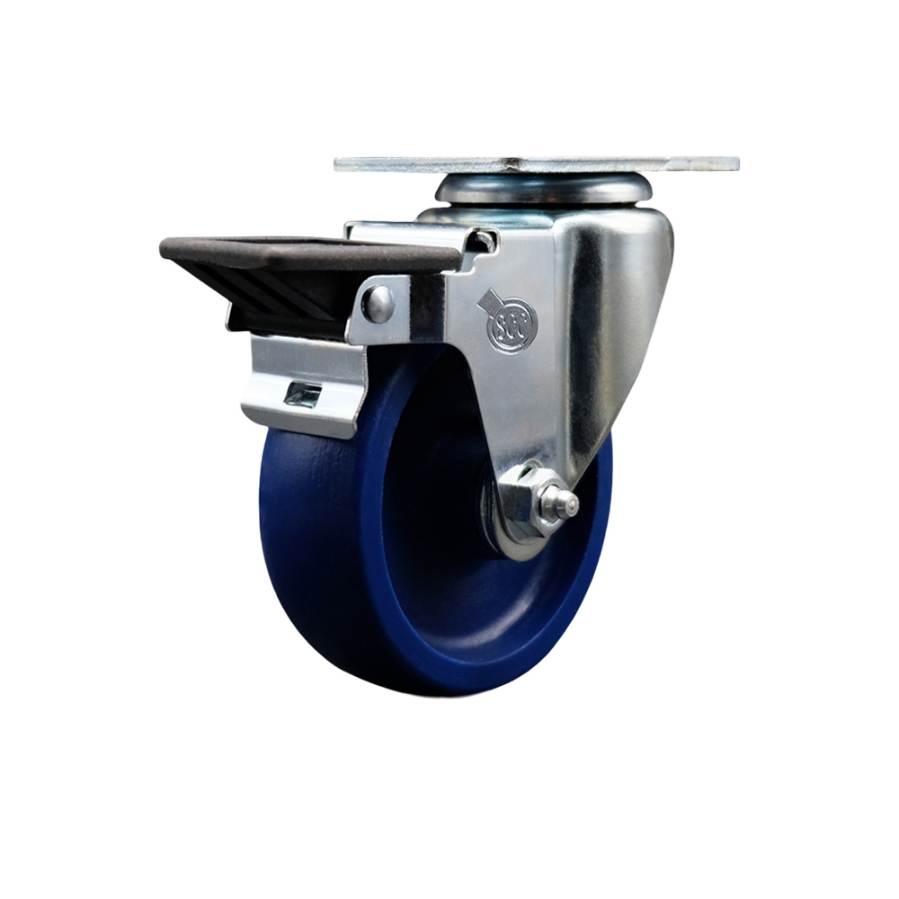 SCC-20S414-SPUS-PLB Solid Polyurethane Swivel Top Plate Swivel Caster with 4 in. Blue Wheel & Posi Locking Brake