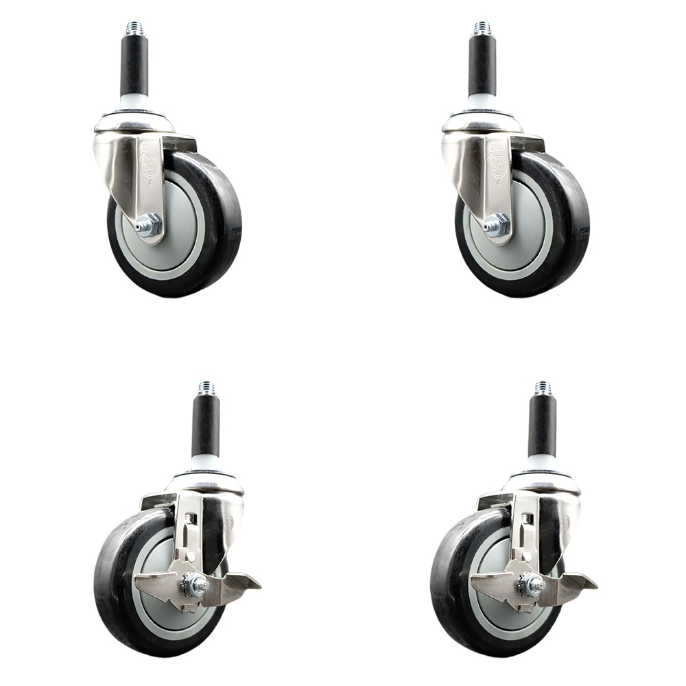 Polyurethane Swivel Stem Caster with 4 in. Black Caster Wheels, 0.75 in. Expanding Stems - 316 Stainless Steel Casters - Set of 4