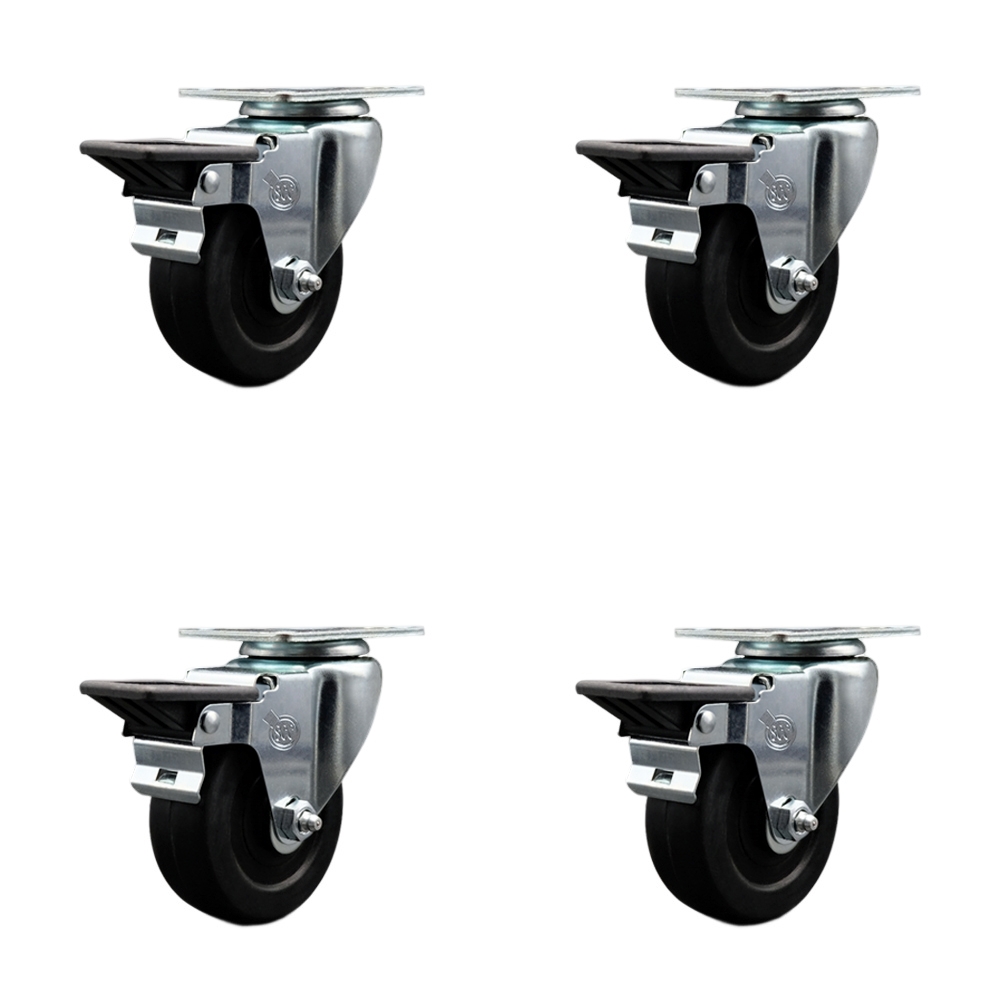 SCC-20S3514-SRS-PLB-4 Soft Rubber Swivel Top Plate Caster with 3.5 in. Black Wheels - Set of 4