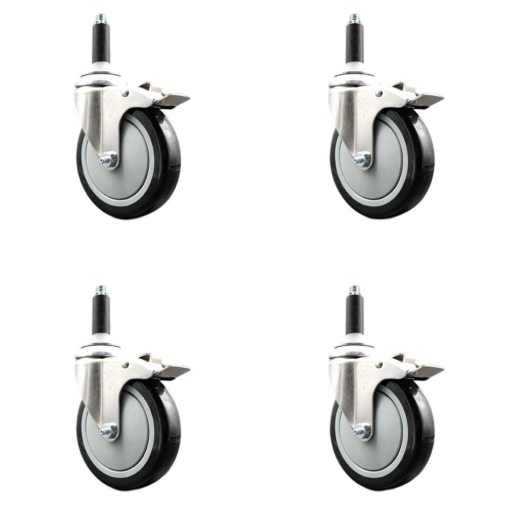 Polyurethane Swivel Stem Caster with 5 in. Black Caster Wheels, 0.75 in. Expanding Stems - 316 Stainless Steel Casters - Set of 4