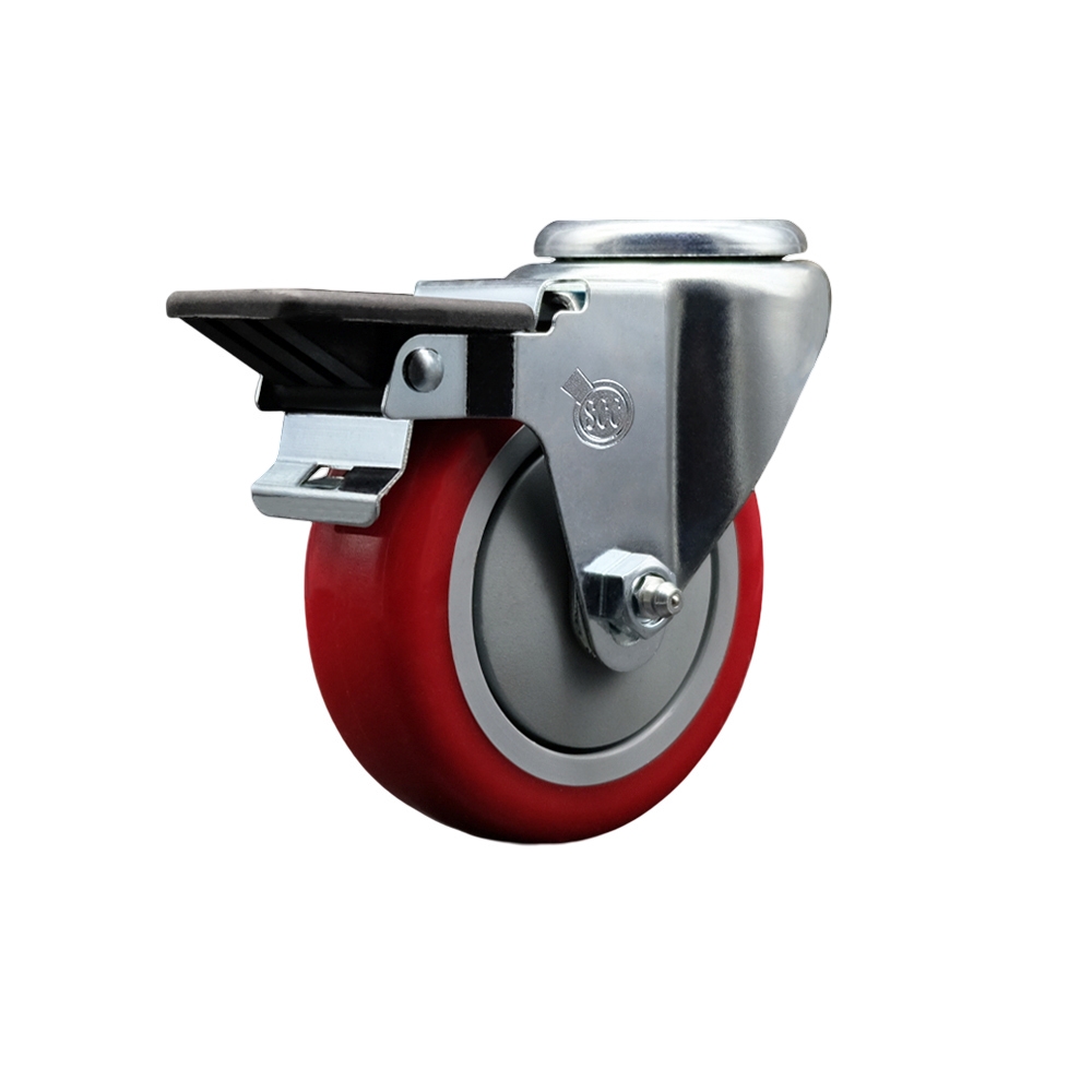 SCC-BH20S414-PPUB-RED-PLB Polyurethane Swivel Bolt Hole Caster with 4 x 1.25 in. Red Wheel & Posi Locking Brake