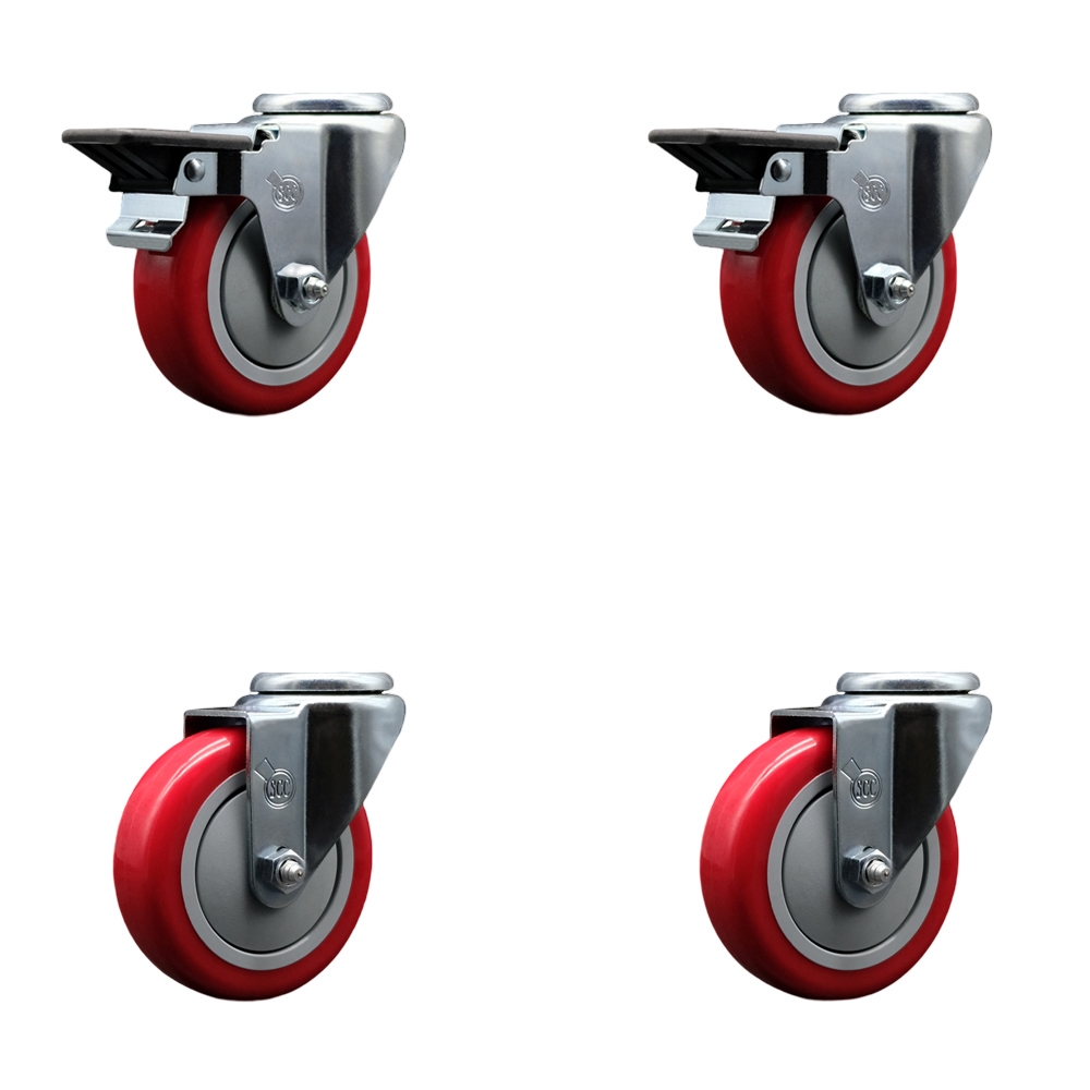 SCC-BH20S414-PPUB-RED-PLB-2-S-2 Polyurethane Swivel Bolt Hole Caster with 4 x 1.25 in. Red Wheels - Set of 4