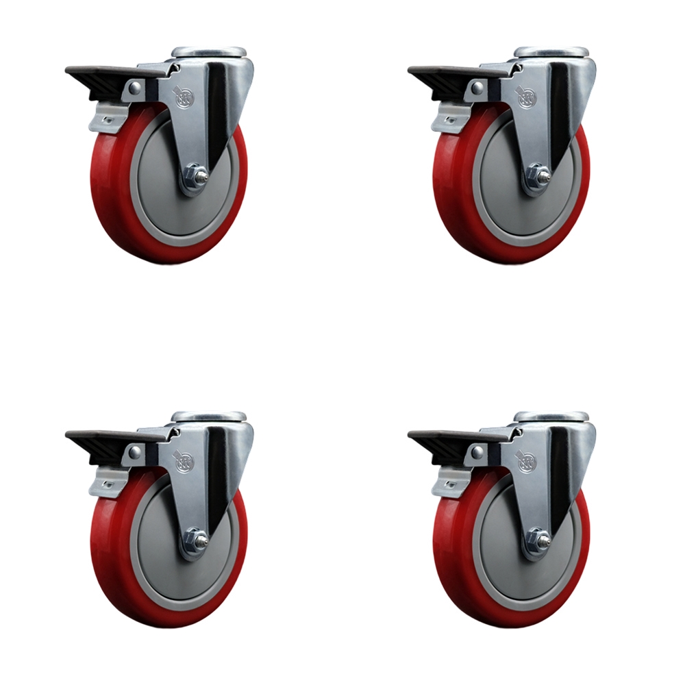 SCC-BH20S514-PPUB-RED-PLB-4 Polyurethane Swivel Bolt Hole Caster with 5 x 1.25 in. Red Wheels - Set of 4