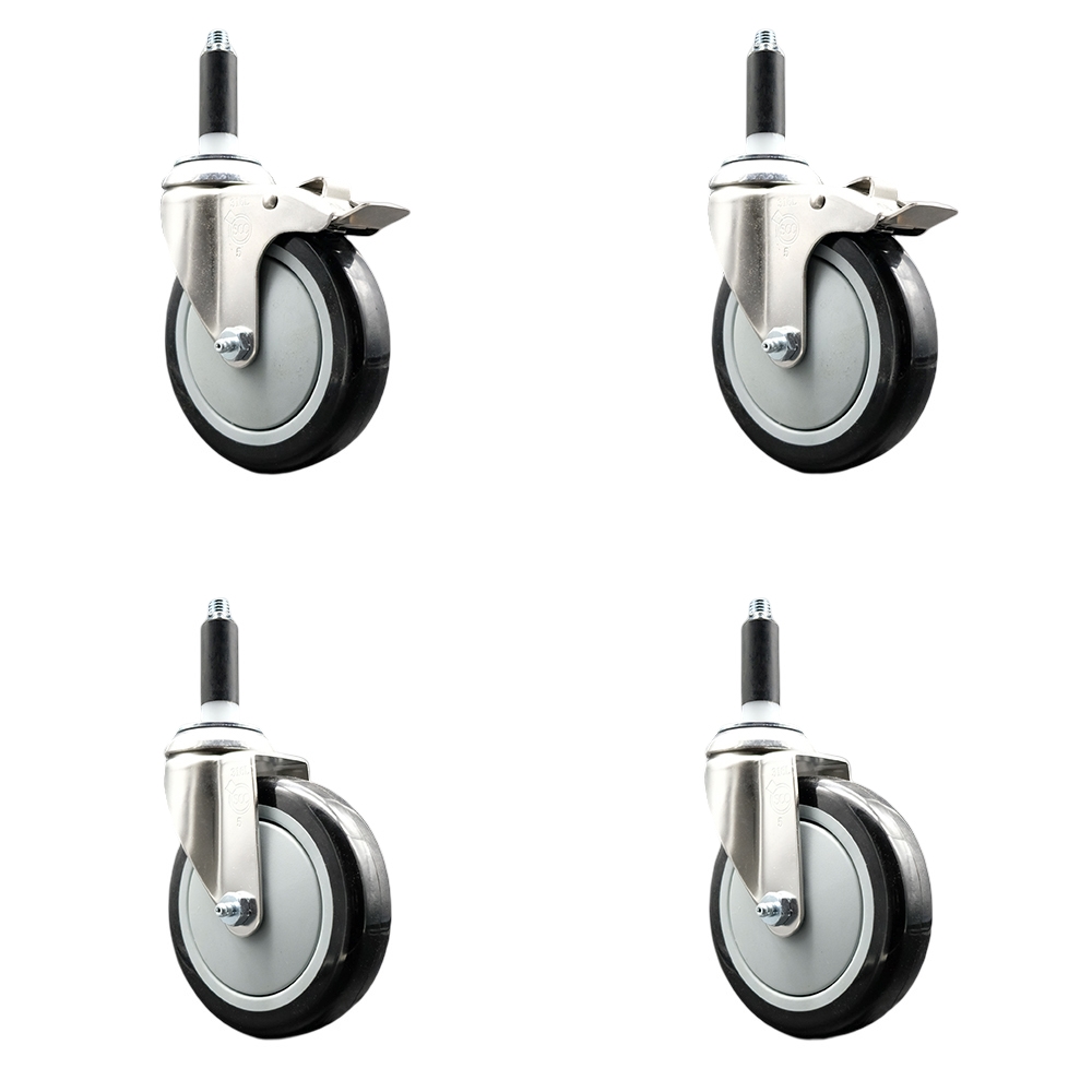 Polyurethane Swivel Stem Caster with 5 in. Black Caster Wheels, 0.75 in. Expanding Stem - 316 Stainless Steel Casters - Set of 4