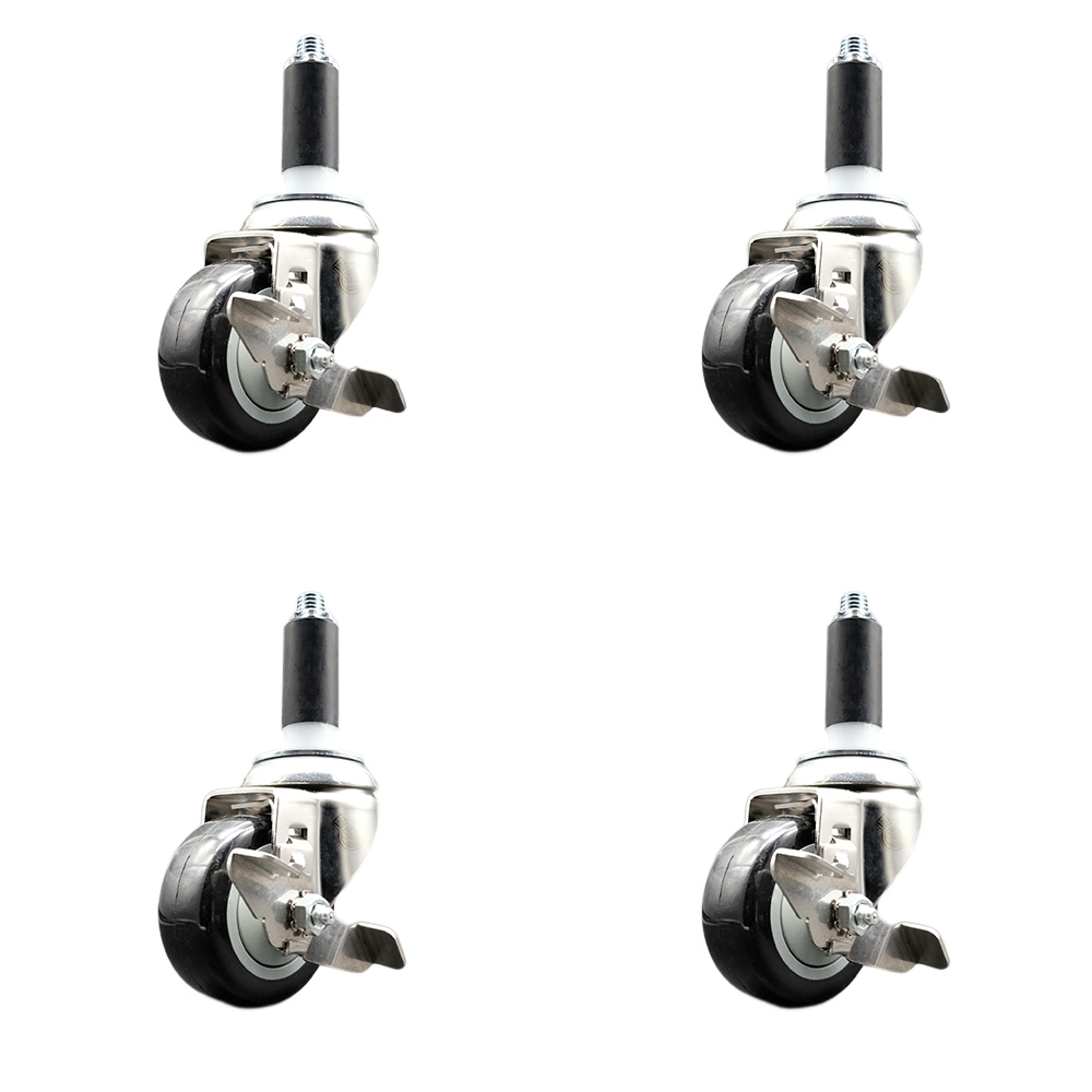 Polyurethane Swivel Stem Caster with 3 in. Black Caster Wheels, 1 in. Expanding Stems - 316 Stainless Steel Casters - Set of 4