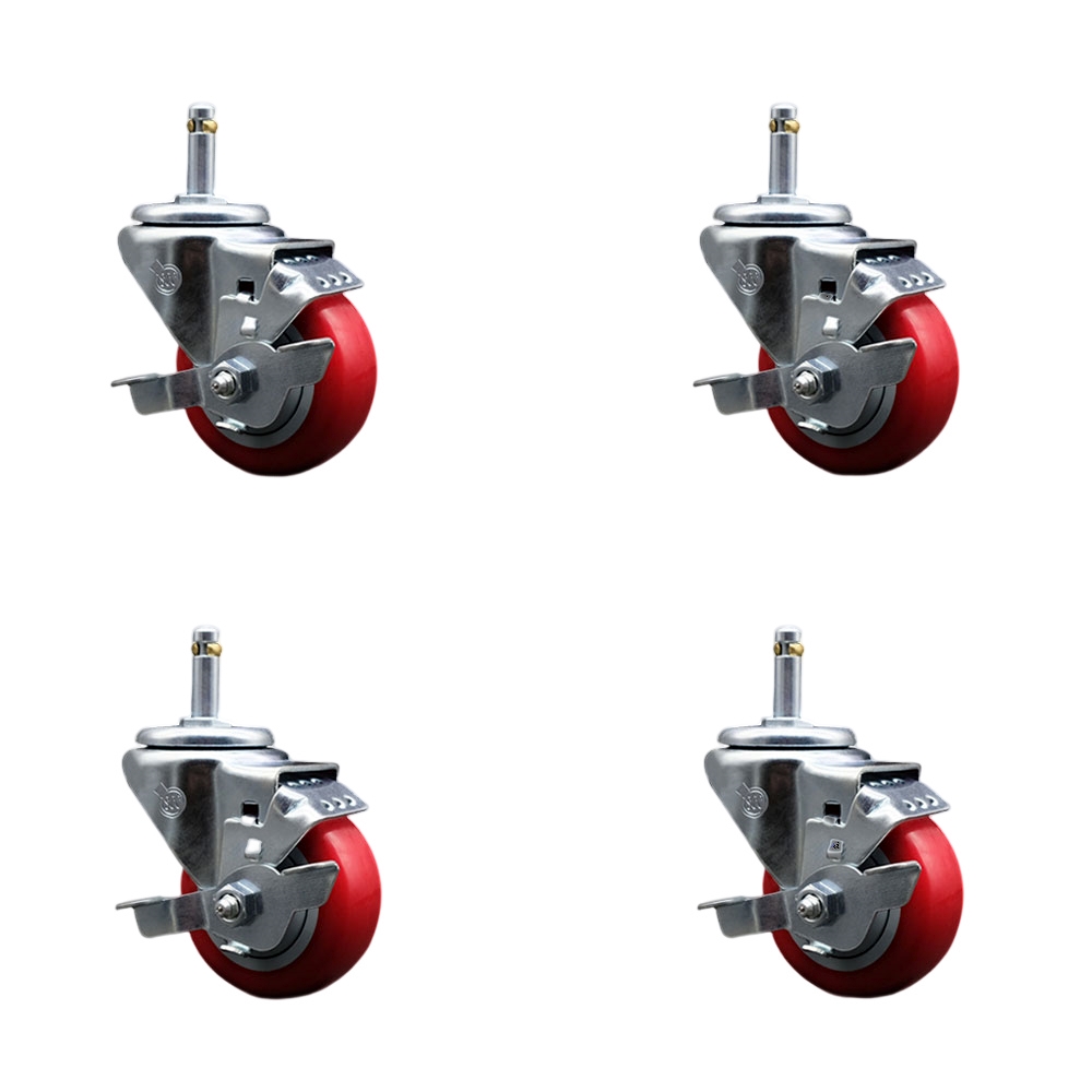 SCC-GR20S314-PPUB-RED-TLB-716138-4 Polyurethane Swivel Grip Ring Stem Caster with 3 x 1.25 in. Red Wheels & 0.43 in. Stems - Set of 4