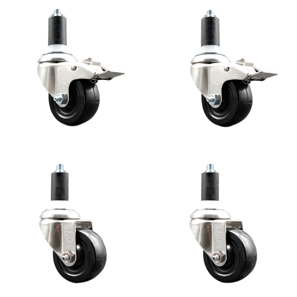 Soft Rubber Swivel Stem Caster with 3.5 in. Caster Wheels 1.38 in. Expanding Stem 316 Stainless Steel Casters - Set of 4