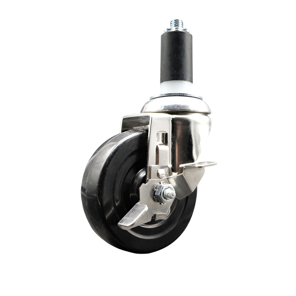 Soft Rubber Swivel Stem Caster with 4 in. Black Caster Wheel & Top Lock Brake 1.38 in. Expanding Stem 316 Stainless Steel Caster