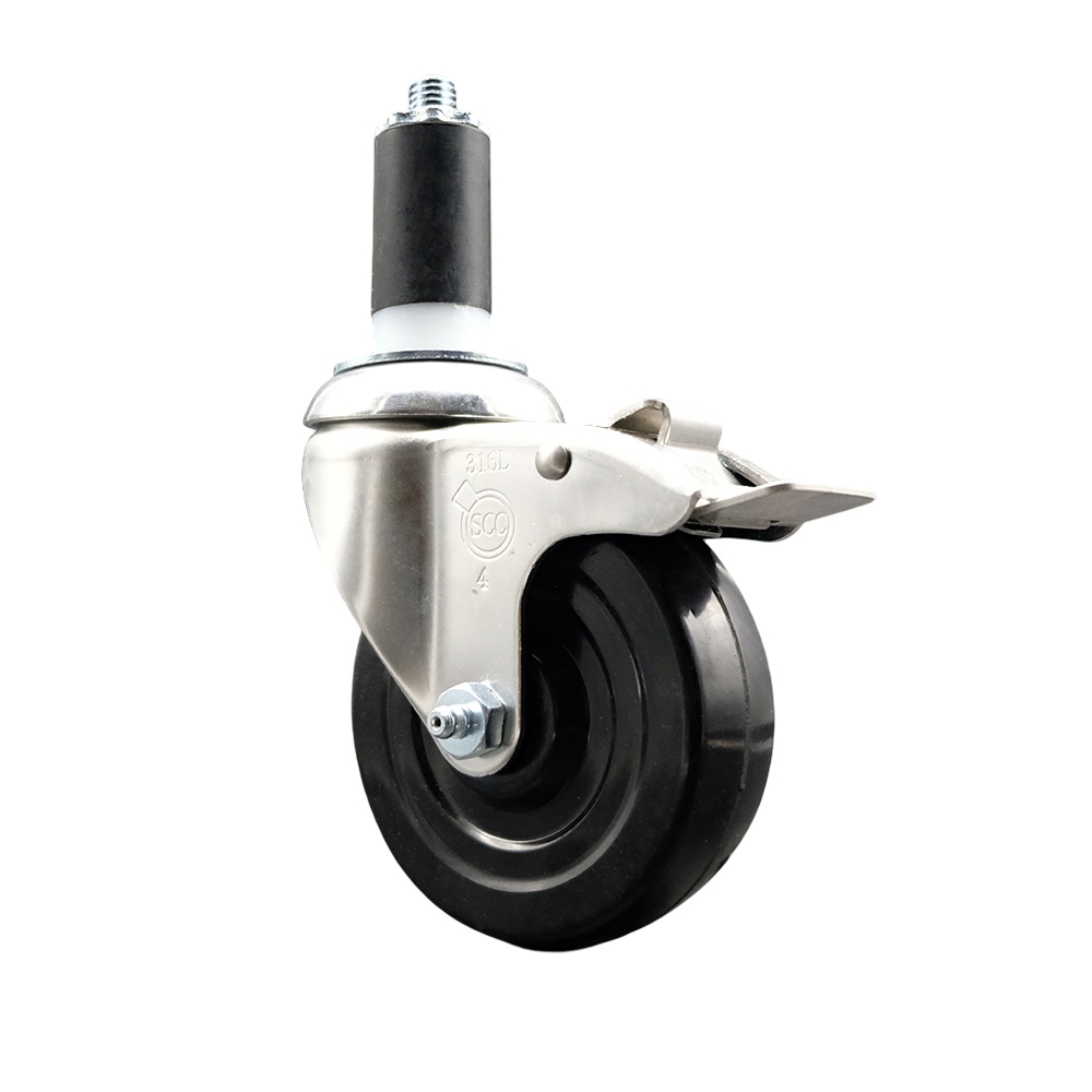Soft Rubber Swivel Stem Caster with 4 in. Black Caster Wheel & Total Lock Brake 1.38 in. Expanding Stem 316 Stainless Steel Caster