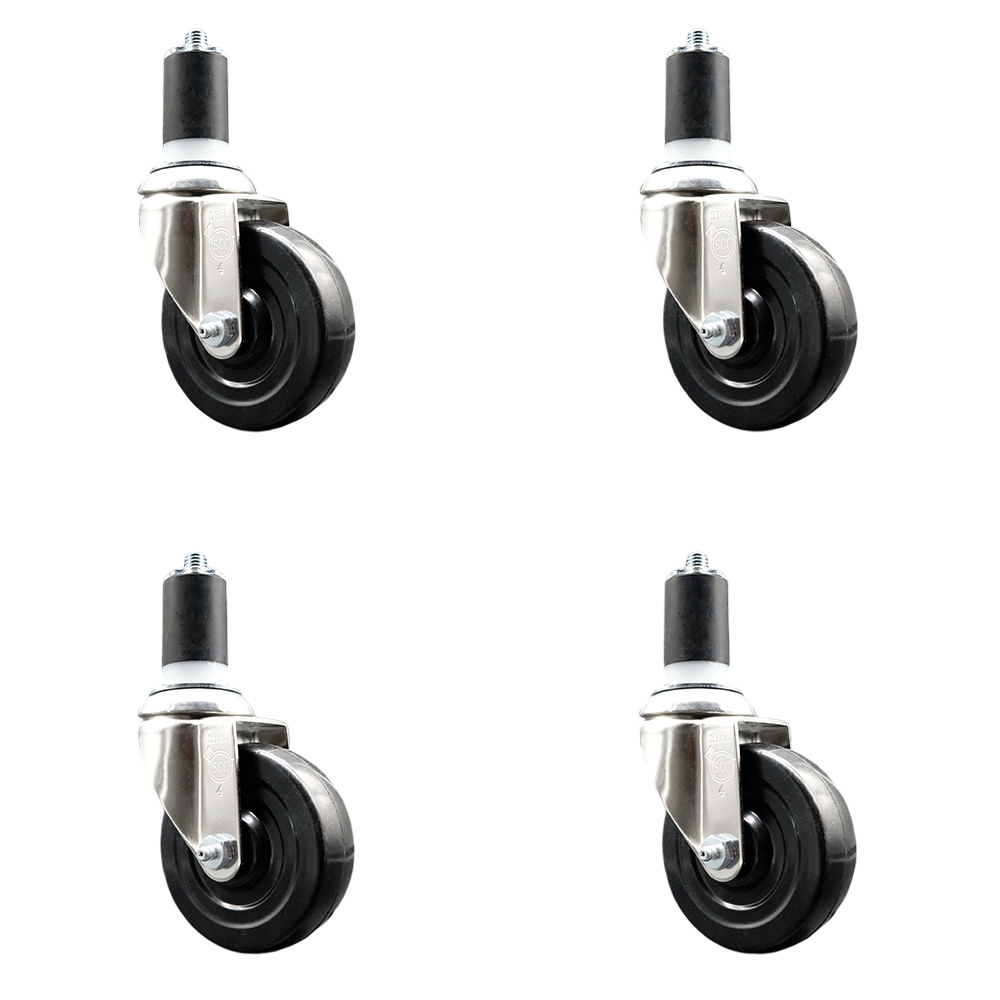 Soft Rubber Swivel Stem Caster with 4 in. Black Caster Wheels 1.5 in. Expanding Stems 316 Stainless Steel Casters - Set of 4