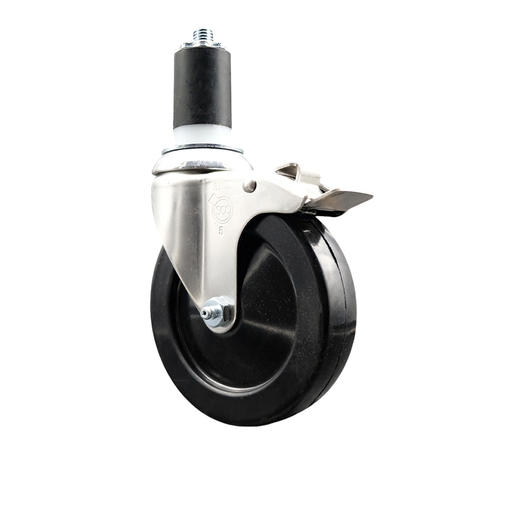 Soft Rubber Swivel Stem Caster with 5 in. Black Caster Wheel & Total Lock Brake 1.63 in. Expanding Stem 316 Stainless Steel Caster