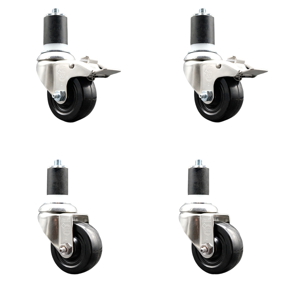 Soft Rubber Swivel Stem Caster with 3.5 in. Caster Wheels 1.87 in. Expanding Stem 316 Stainless Steel Casters - Set of 4