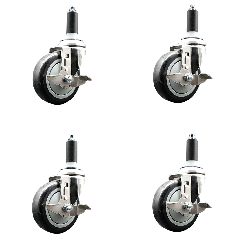 Polyurethane Swivel Stem Caster with 4 in. Black Caster Wheels, 1.13 in. Expanding Stems - 316 Stainless Steel Casters - Set of 4