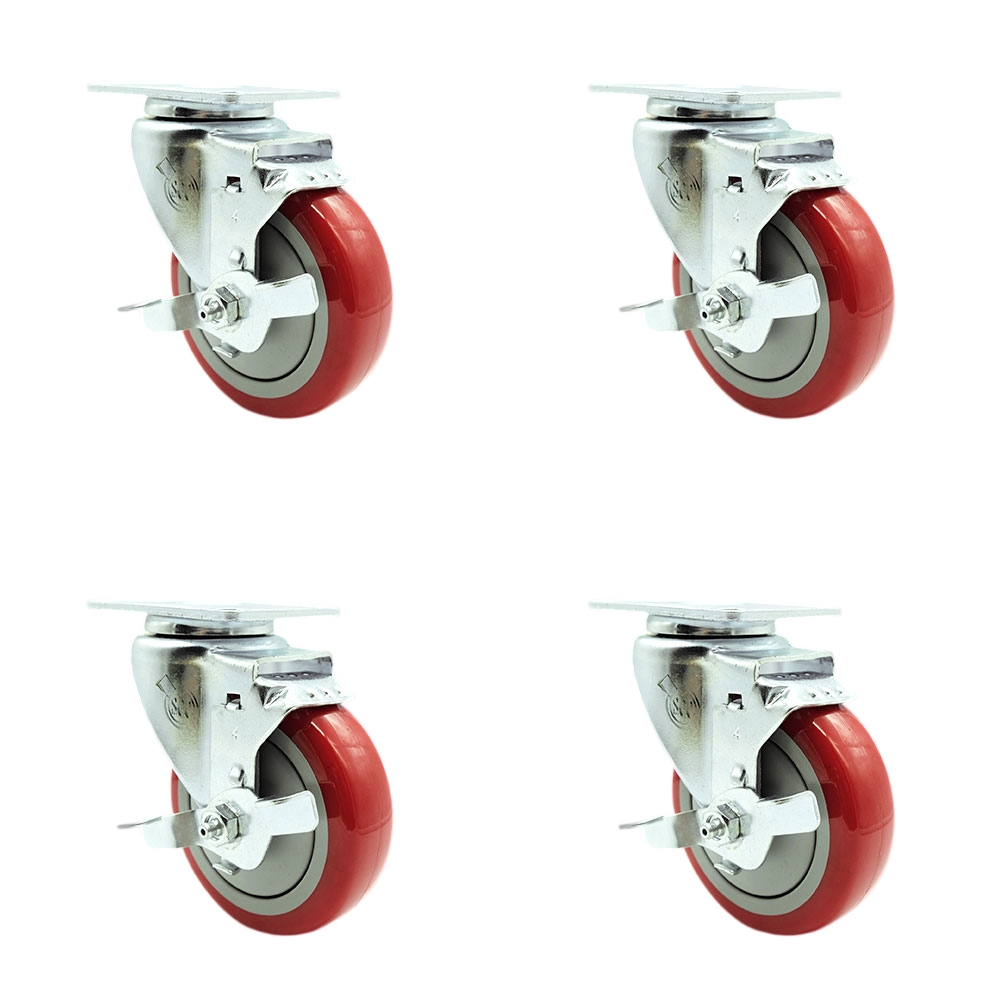 Swivel Casters - Red - 4 in. Wheels - Set of 4 - Heavy Duty