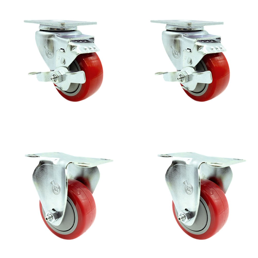 SCC-20S314-PPUB-RED-TLB-TP3-2-R-2 Swivel Caster with 2 Brakes & 2 Rigid, 3 in. Red Polyurethane Wheel - 4 x 4.5 in. Overall Top Plate - Set of 4