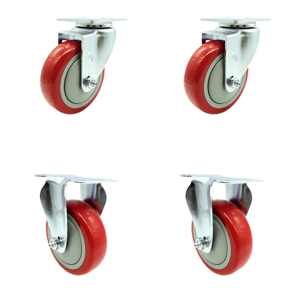 SCC-20S414-PPUB-RED-TP3-2-R-2 Swivel Caster with 2 Rigid Casters, 4 in. Red Polyurethane Wheel - 4 x 4.5 in. Overall Top Plate - Set of 4