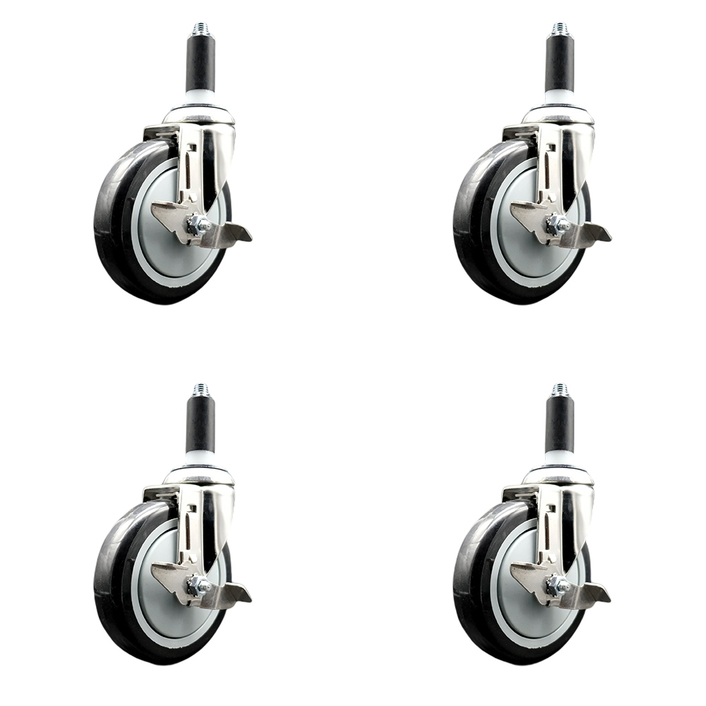 Polyurethane Swivel Stem Caster with 5 in. Black Caster Wheels, 1.13 in. Expanding Stems - 316 Stainless Steel Casters - Set of 4