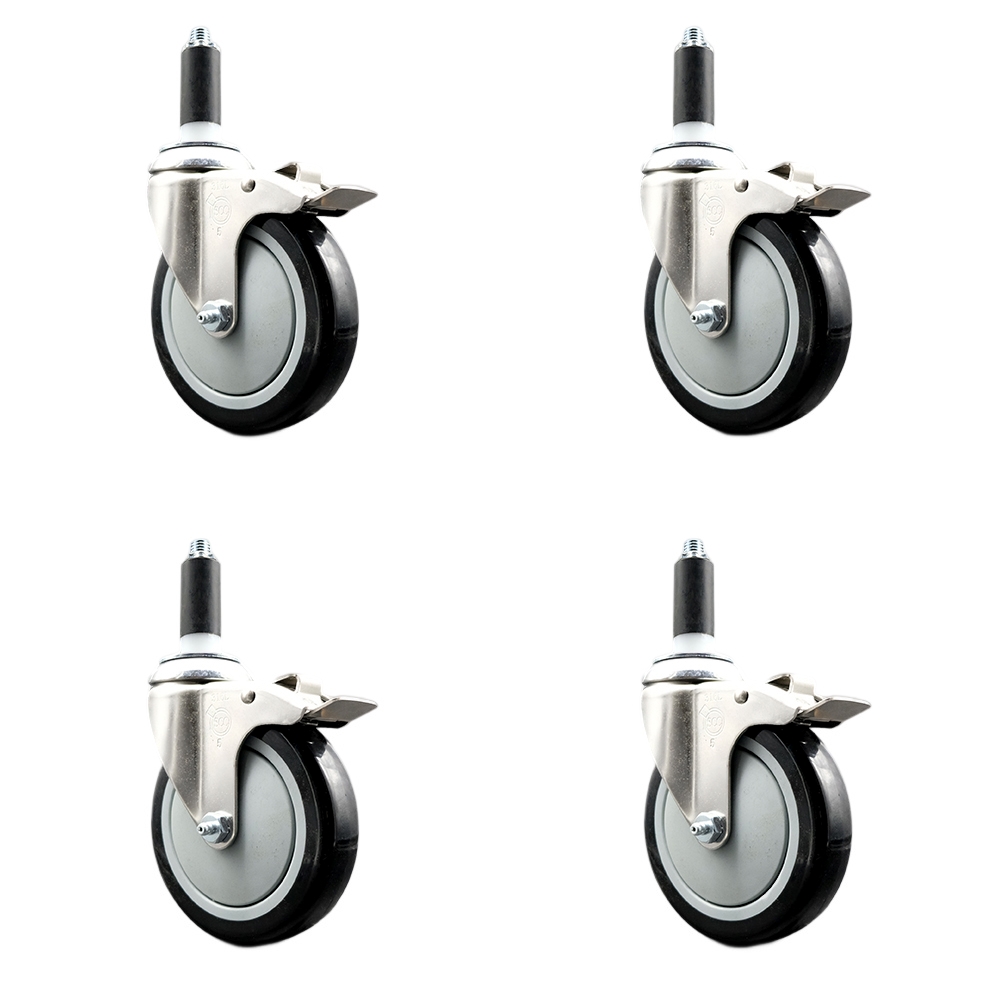 Polyurethane Swivel Stem Caster with 5 in. Black Caster Wheels, 1.13 in. Expanding Stems - 316 Stainless Steel Casters - Set of 4