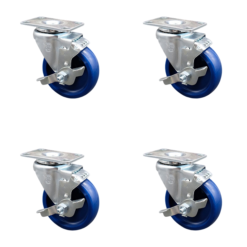 SCC-20S414-SPUS-TLB-TP3-4 Swivel Caster with Brakes & 4 in. Solid Polyurethane Wheel - 4 x 4.5 in. Overall Top Plate - Set of 4