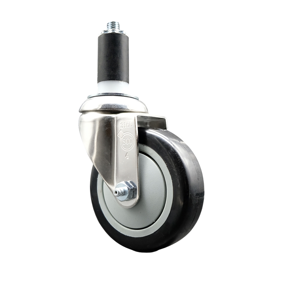 Polyurethane Swivel Stem Caster with 4 in. Black Caster Wheels, 1.25 in. Expanding Stem - 316 Stainless Steel Caster