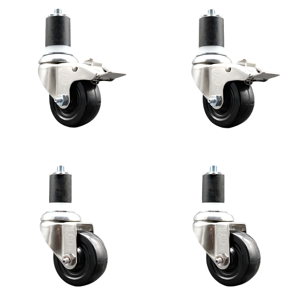 Soft Rubber Swivel Stem Caster with 3.5 in. Caster Wheels 1.75 in. Expanding Stem 316 Stainless Steel Casters - Set of 4