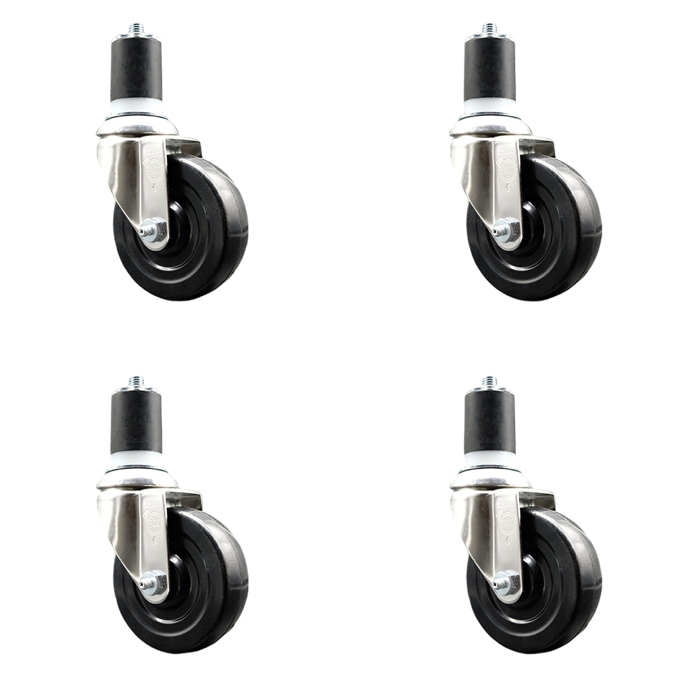 Soft Rubber Swivel Stem Caster with 4 in. Black Caster Wheels 1.75 in. Expanding Stems 316 Stainless Steel Casters - Set of 4